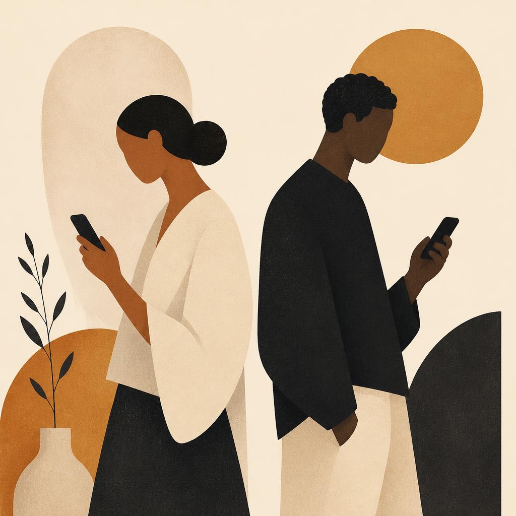 Illustration of two partners answering privately on their own phones